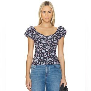 NATION LTD X Angel Cami Puff Sleeve Blue Floral Shirt Size Medium